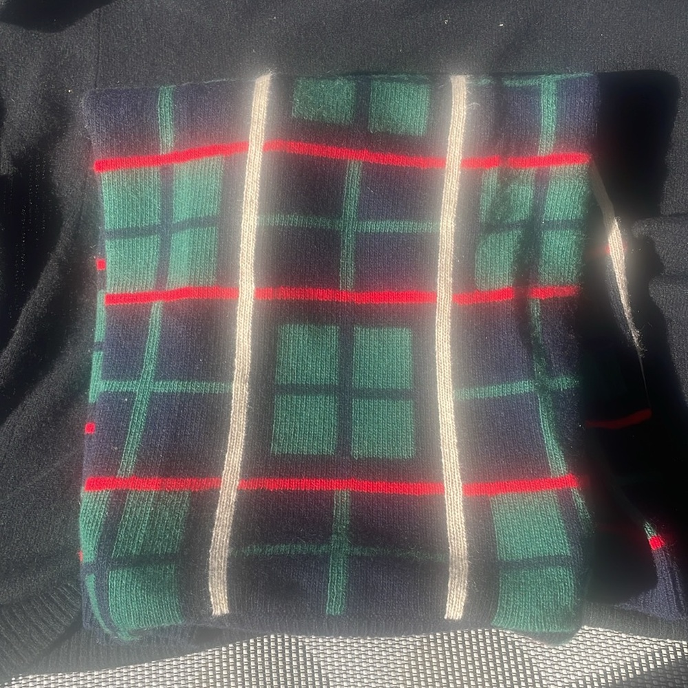 Cashmere Sweater with Navy red green checkered turtleneck 